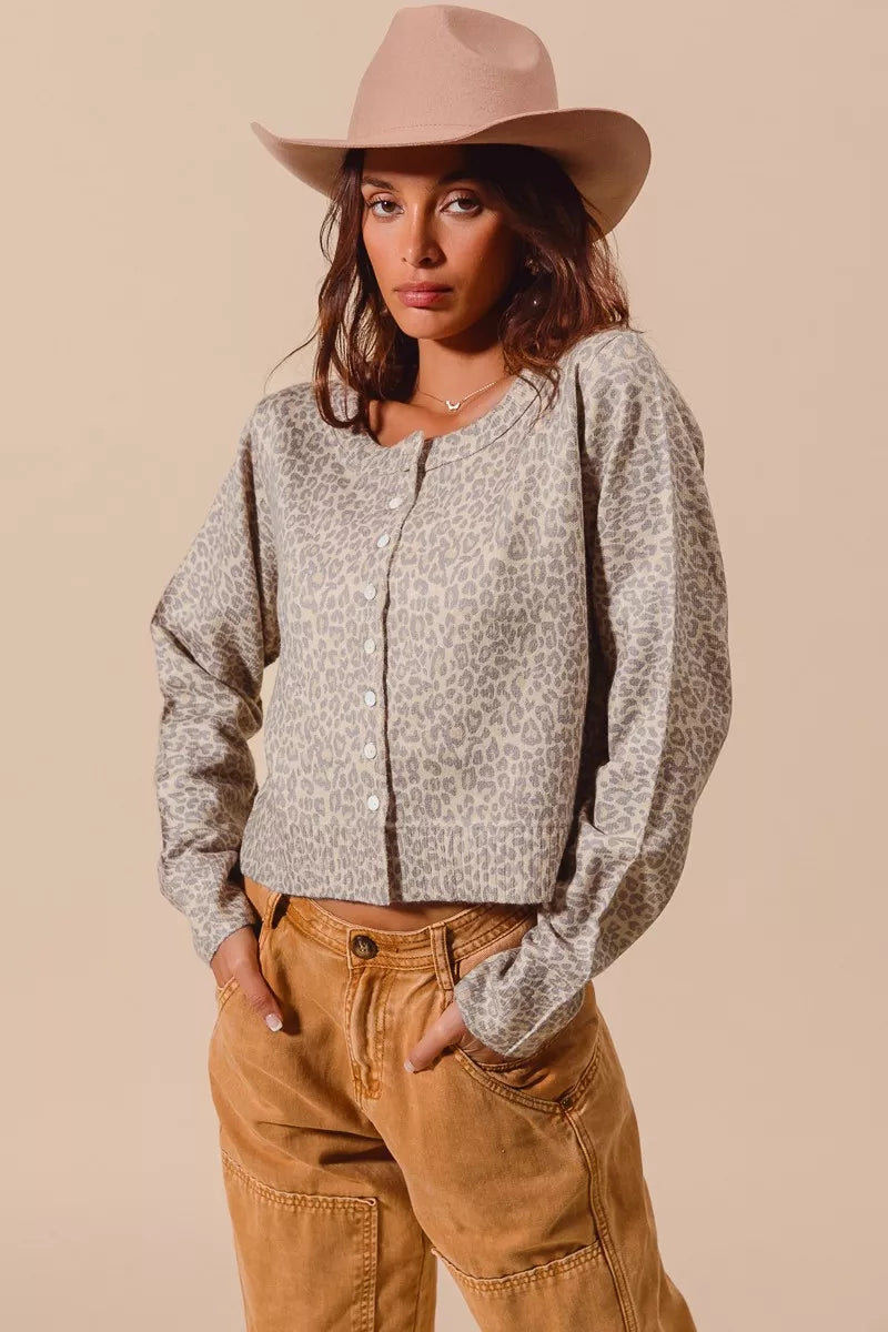 So Me Two Tone Leopard Vintage Print Button Up Cardigan