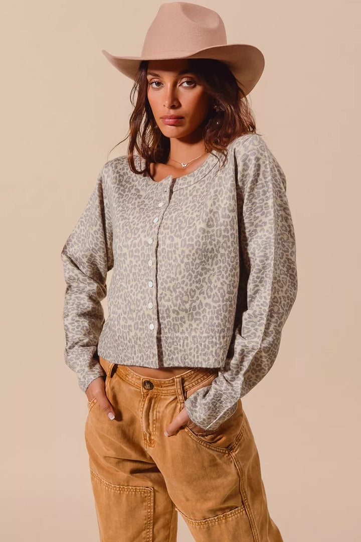 So Me Two Tone Leopard Vintage Print Button Up Cardigan