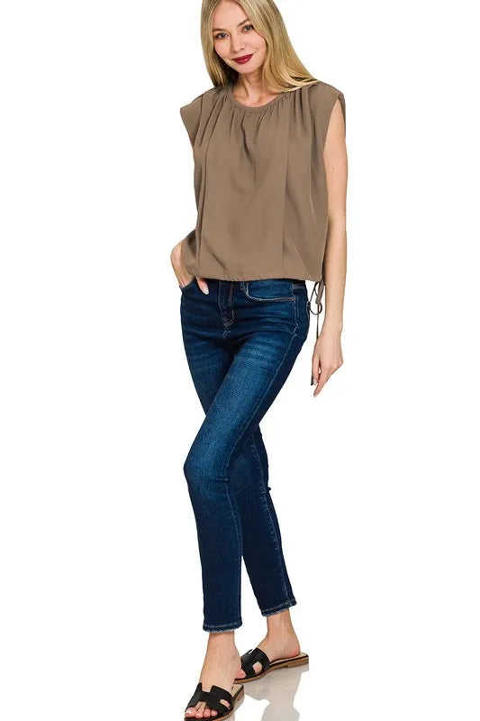 Zenana Woven Drawstring Tie Side Sleeveless Top 1