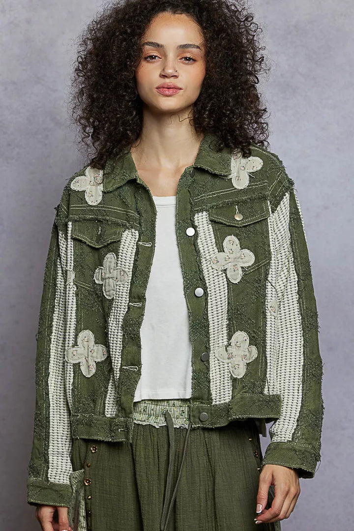 Olive Multi Pol Button Down Raw Hem Jacket With Floral Patch