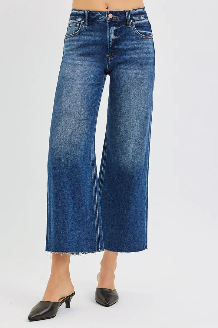 Dark Risen Full Size Mid Rise Crop Wide Raw Cut Hem Jeans Plus Size