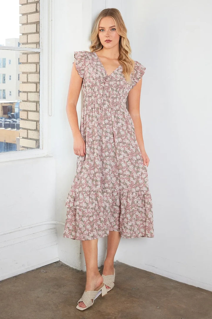 Mittoshop Flower Print Ruffle Cap Sleeve V Neck Midi Dress