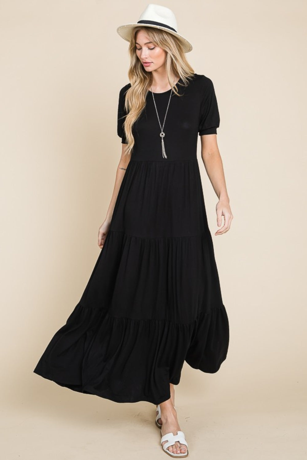 Black Bombom Short Sleeve Tiered Maxi Dress