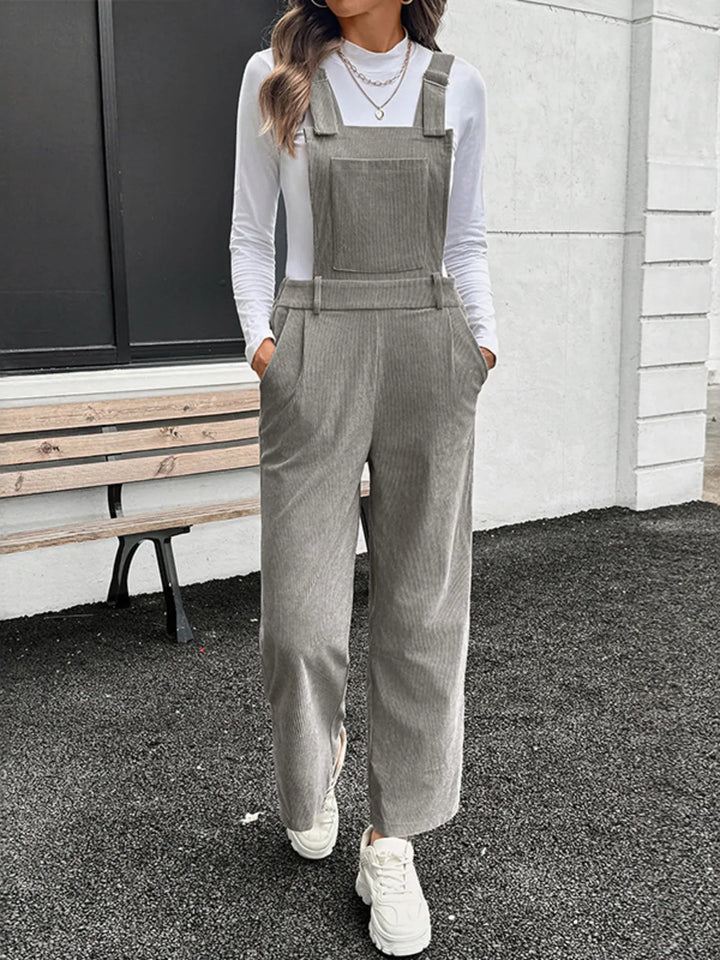 Grey Slit Wide Leg Overalls With Pockets