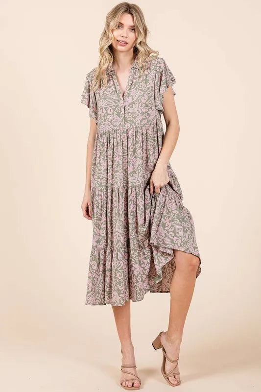 Sage Mittoshop Abstract Print Ruffle Tier Midi Dress