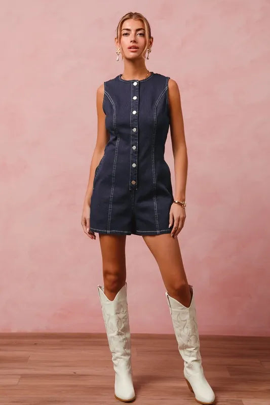 Denim So Me Button Up Front Washed Denim Sleeveless Romper
