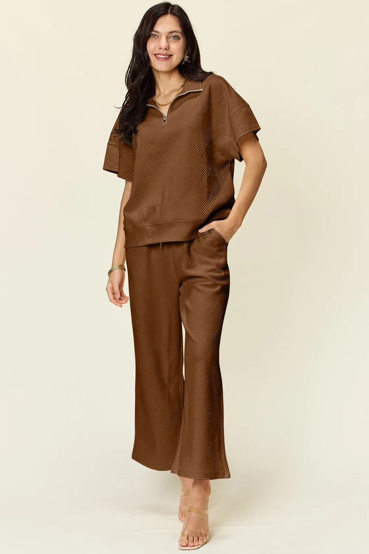Tangerine Double Take Full Size Texture Half Zip Short Sleeve Top And Pants Set 1