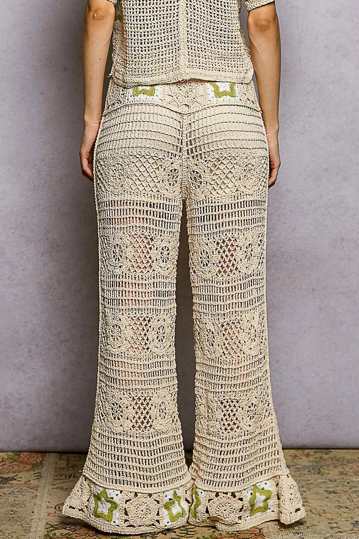 Pol Openwork Crochet Flare Pants With Contrast Star