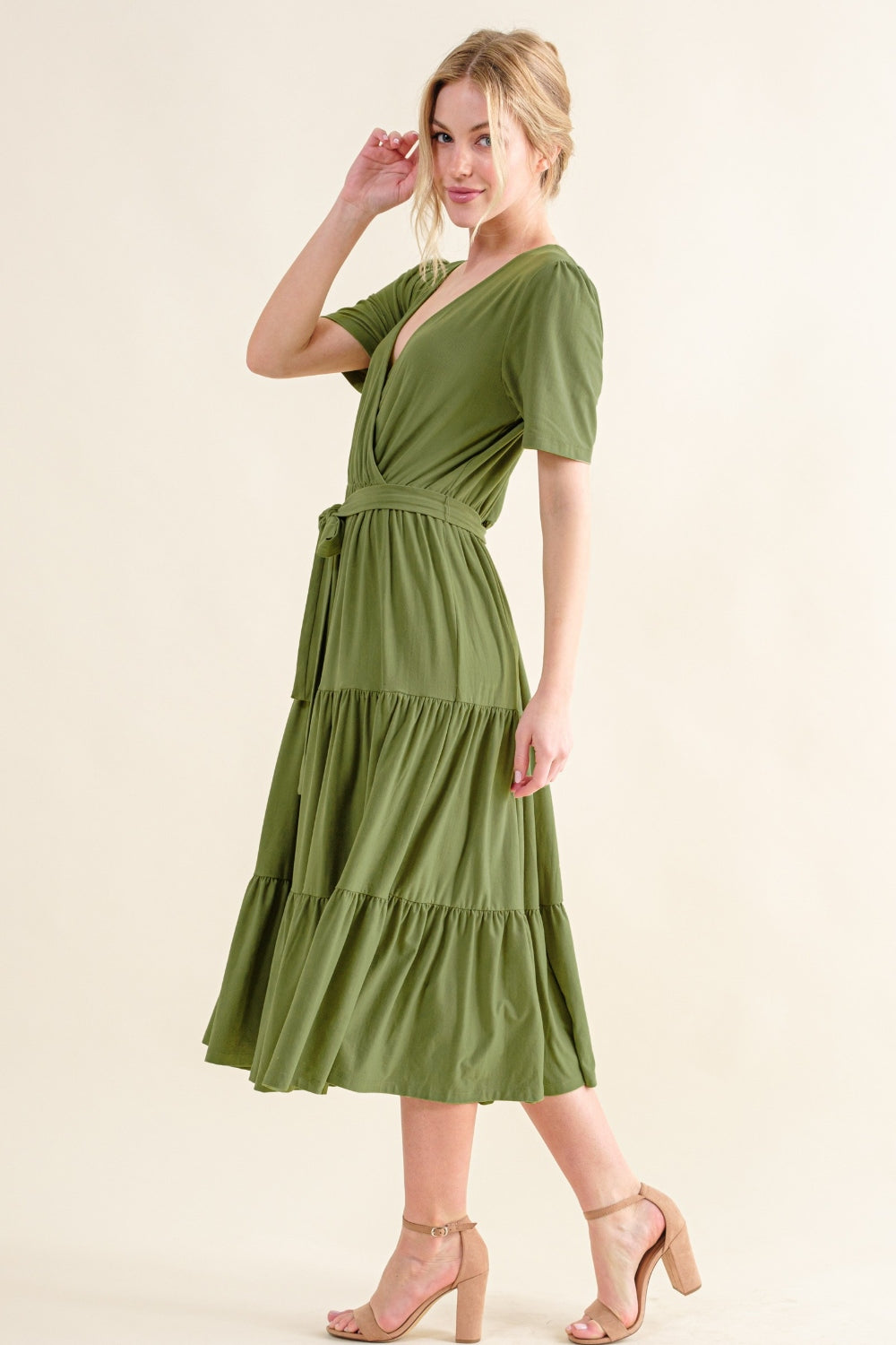GREEN And The Why Soft Short Sleeve Tiered Midi Dress