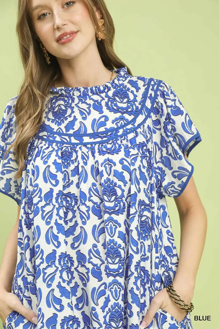 Umgee Abstract Print Babydoll Mini Dress