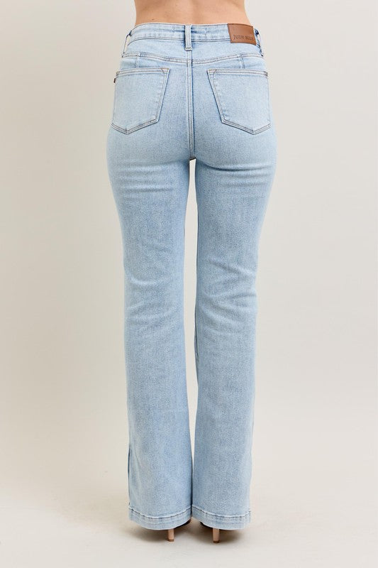 Light Judy Blue Full Size Tummy Control Vintage Wash Side Slit Slim Boot Jeans Plus Size