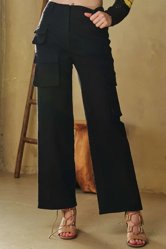 Black Davi Dani Flap Pocket Mid Rise Cargo Pants