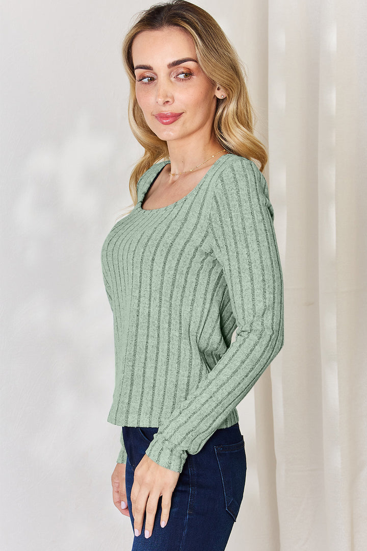 Khaki Basic Bae Full Size Ribbed Long Sleeve T Shirt