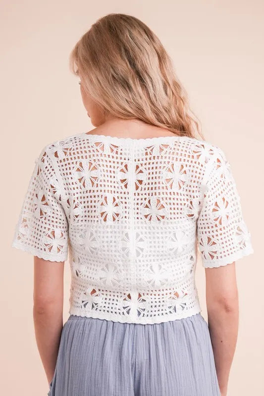 Ivory Very J Front Tie Crochet Crop Top