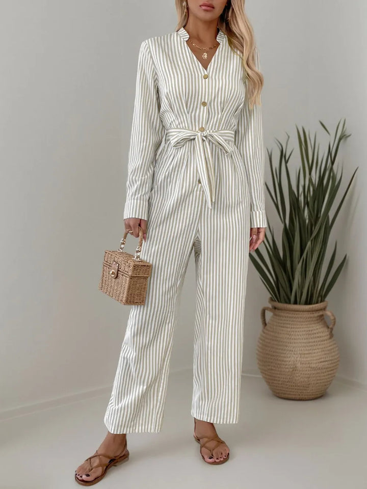 Beige Striped Notched Long Sleeve Tie Waist Jumpsuit