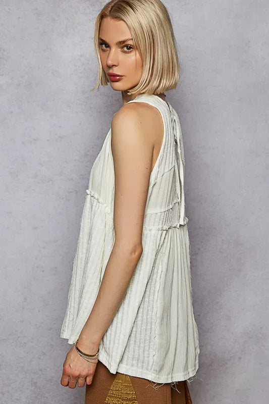 White Pol Lace Trim Round Neck Tank With Pintuck Detail