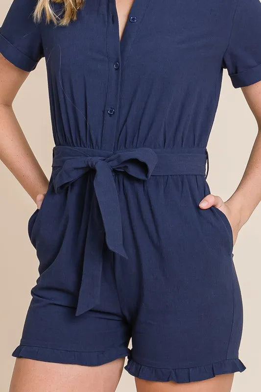 Lime N Chili Collared Button Down Romper With Tie Belt