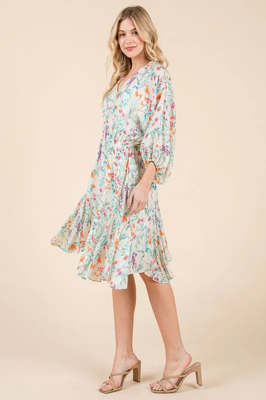 Lime N Chili Floral Cinched Waist Balloon Sleeve V Neck Dress