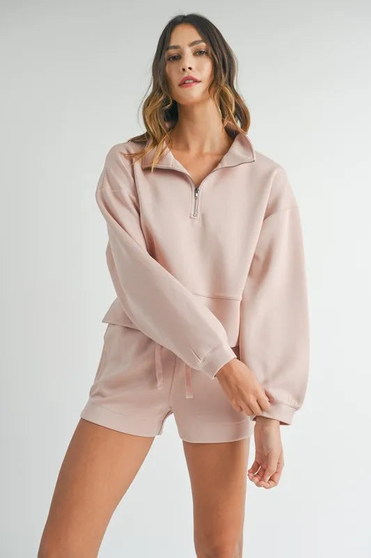 Pink Mable Half Zip Sweatshirt And Shorts Set