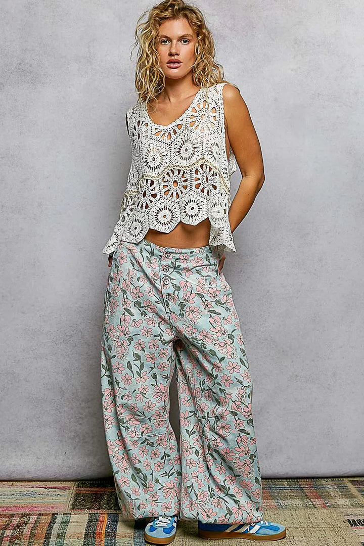 Pol Boho Floral Crochet Sweater Vest With Scalloped Edge