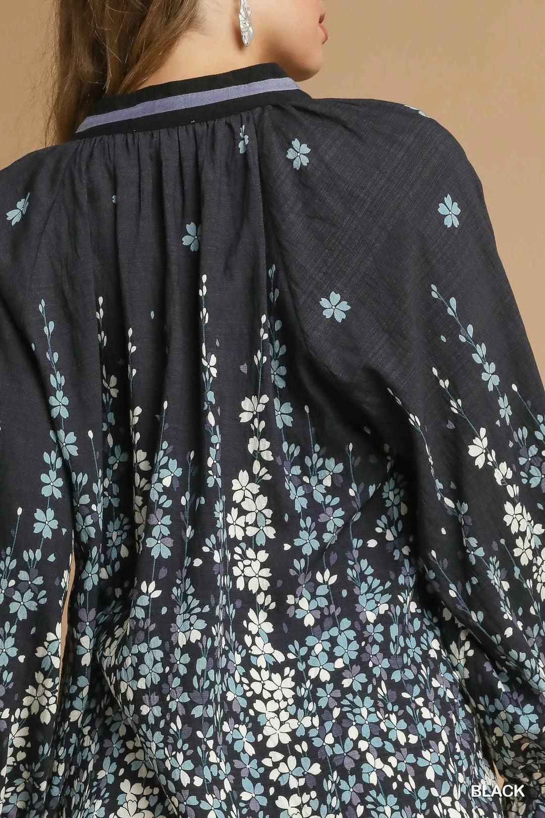 Black Umgee Full Size Floral Vine Print Blouse With Balloon Sleeves Plus Size