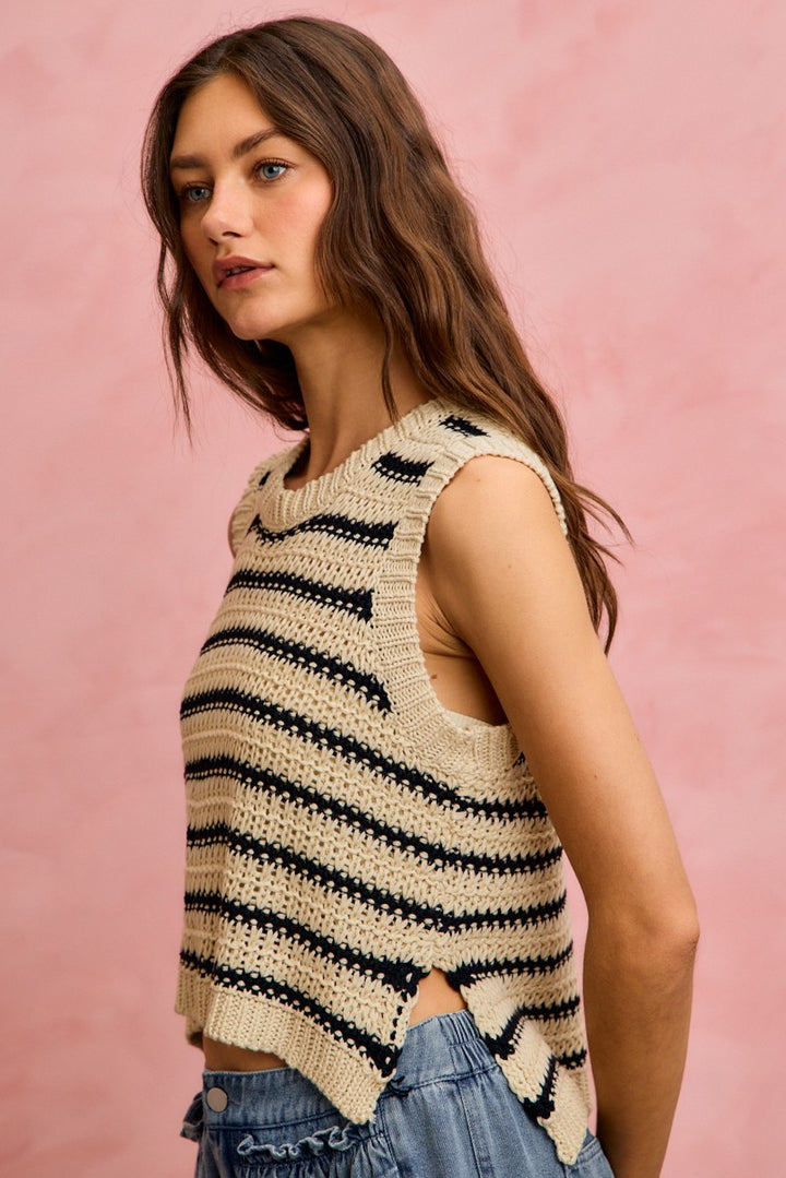 Oatmeal/Black So Me Low Gauge Textured Stripe Sleeveless Sweater Top