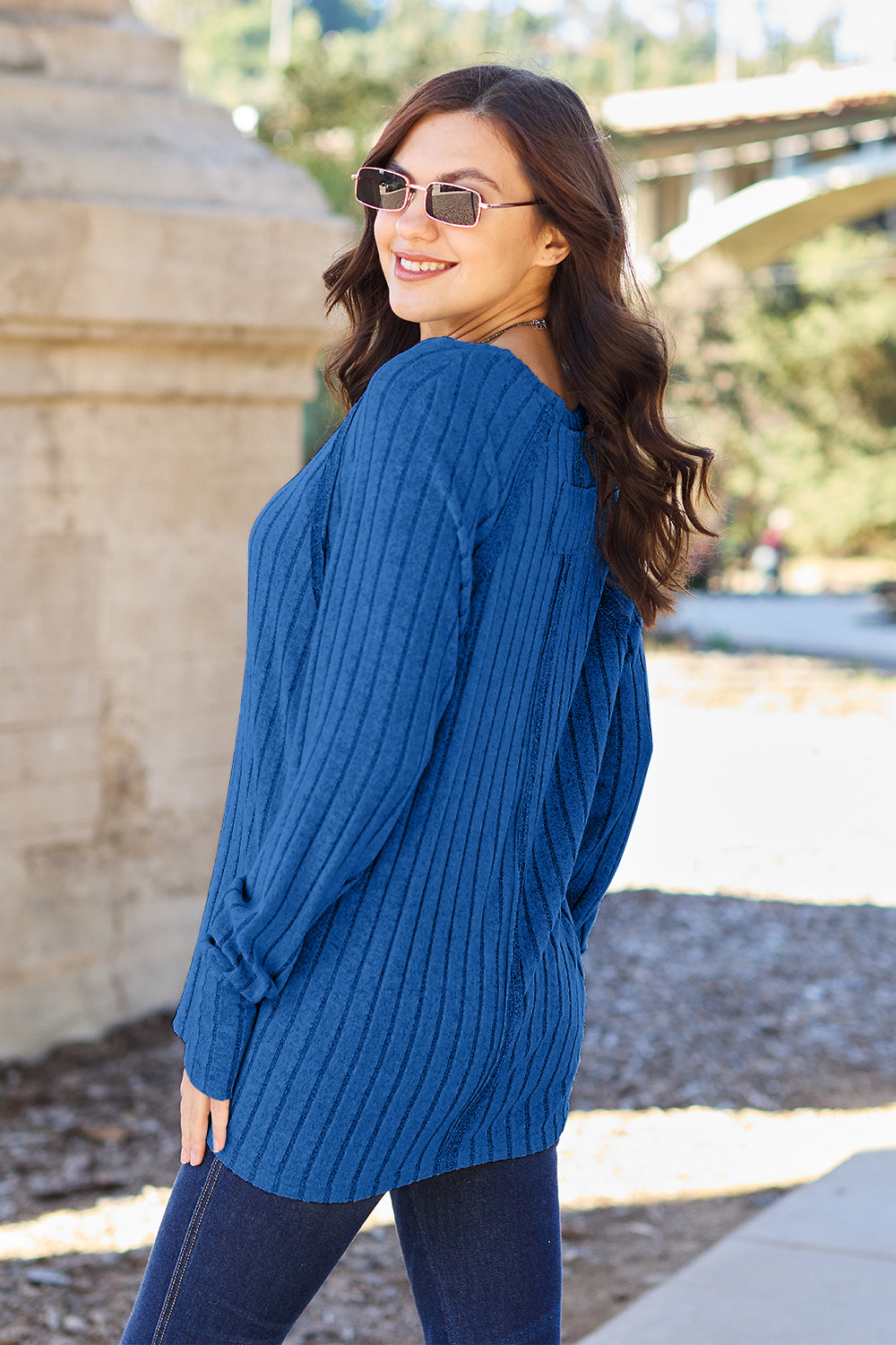 Royal Blue Basic Bae Full Size Ribbed Round Neck Long Sleeve Knit Top