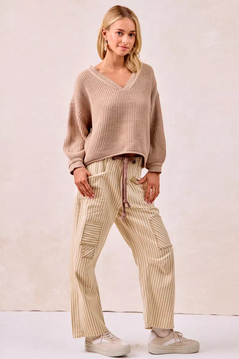 Bibi Drawstring Striped Twill Barrel Pants 2