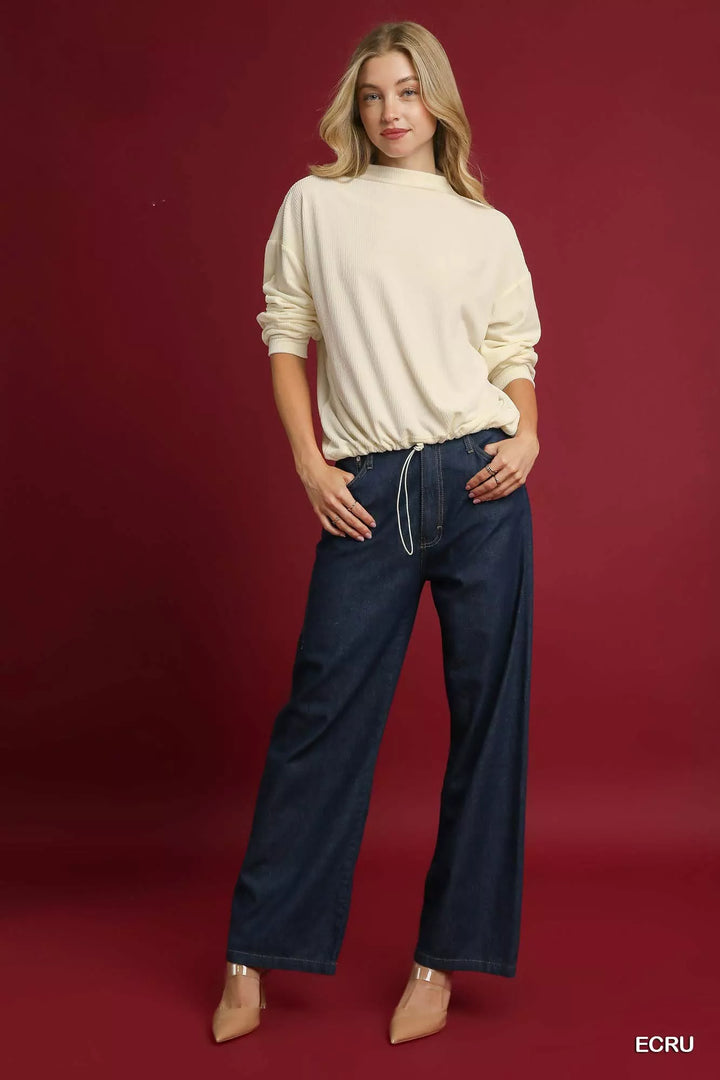 Ecru Umgee Ribbed Drawstring Hem Knit Top