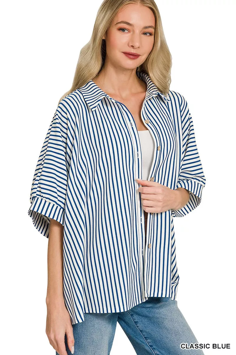 Classic Blue Zenana Oversized Stripe Button Down Shirt 1