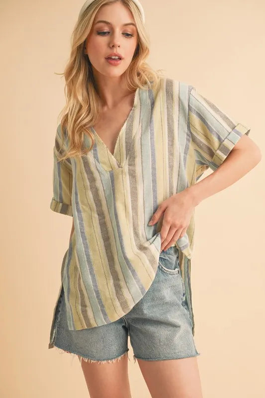 Blue Green Aemi Co Side Slit Striped Short Sleeve Blouse