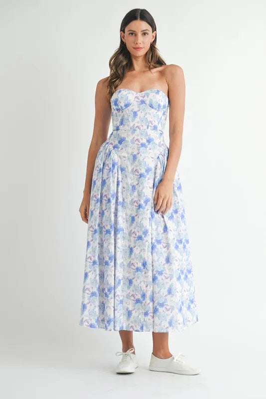 Blue Mable Sweetheart Neckline Floral Printed Midi Dress