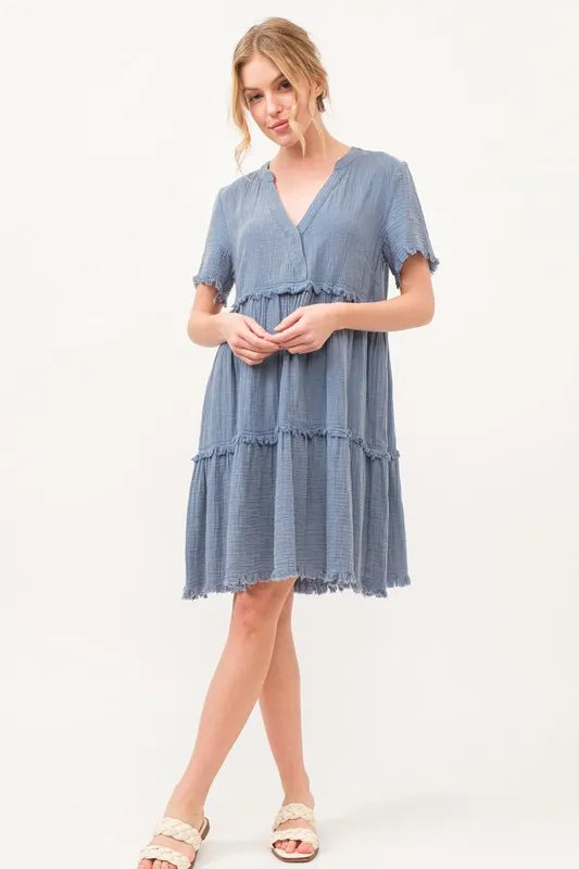And The Why Washed Frayed Detail Tiered Dress 1