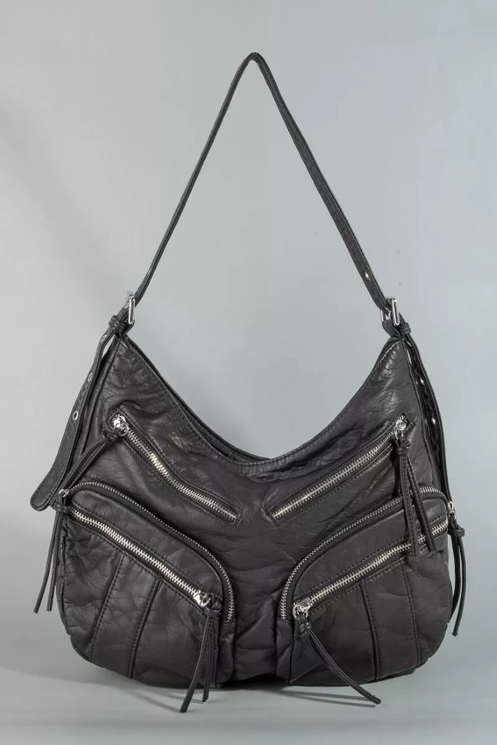 Bk Fame Multi Zipper Pocket Leather Hobo Bag