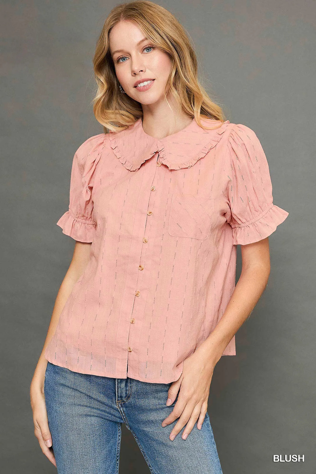 Blush Peter Pan Collared Button Down Textured Shirt With Ruffled Detail