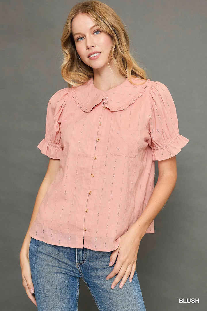 Blush Peter Pan Collared Button Down Textured Shirt With Ruffled Detail
