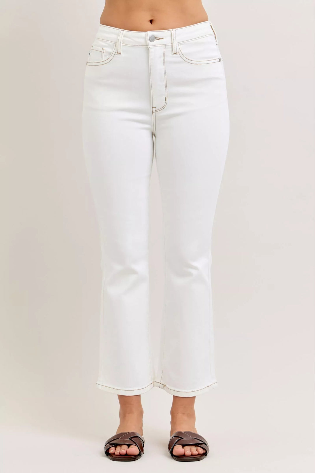 Wht Judy Blue Contrast Stitching Cropped Flare Jeans
