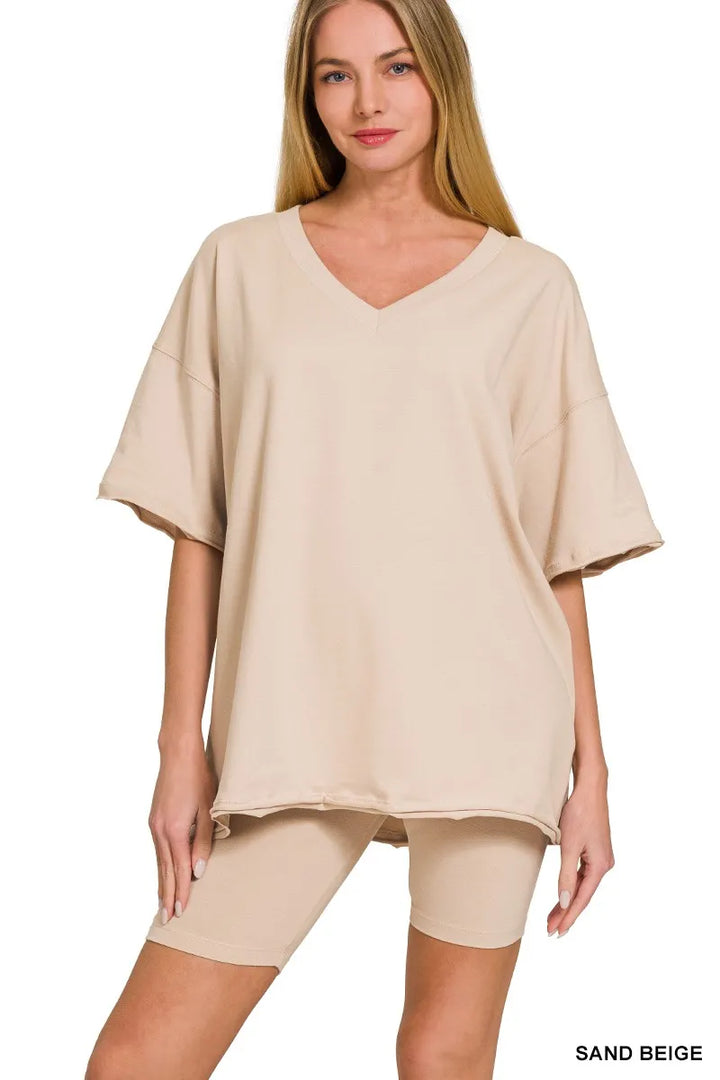 Sand Beige Zenana Cotton V Neck Top Biker Shorts Set