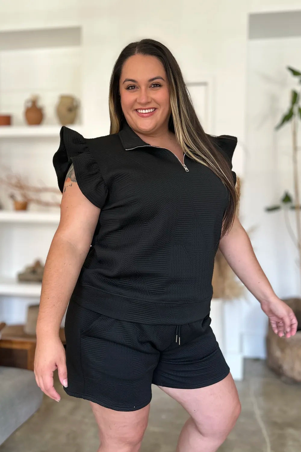 White Double Take Full Size Texture Flounce Sleeve Top And Shorts Set