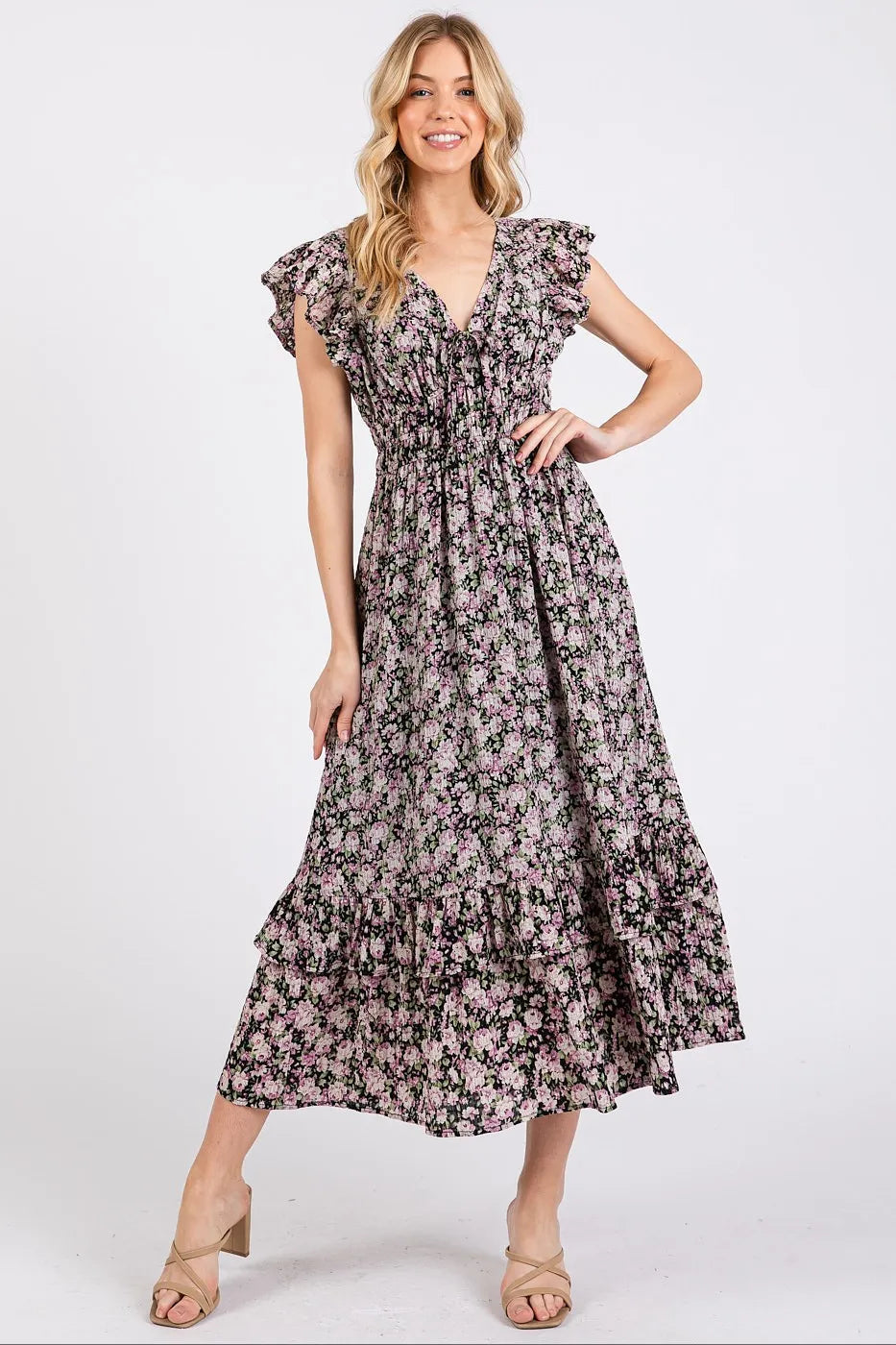 Black Mittoshop Flower Print Ruffle Cap Sleeve V Neck Midi Dress 1