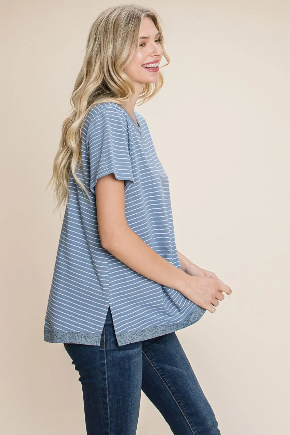 Denim Cotton Bleu By Nu Lab Slit Striped Notched Short Sleeve T Shirt
