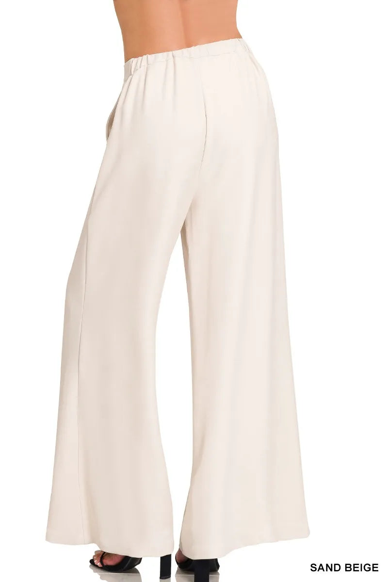 Sand Beige Zenana Relaxed Fit Elastic Waisted Wide Leg Pants 1