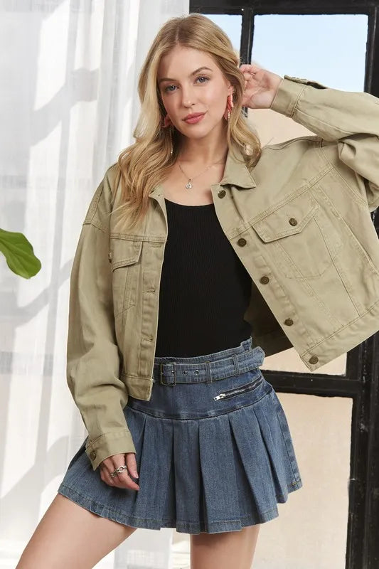 Beige Adora Canvas Button Up Front Denim Jacket