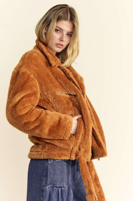 Brown Davi Dani Fuzzy Zip Up Collared Neck Jacket