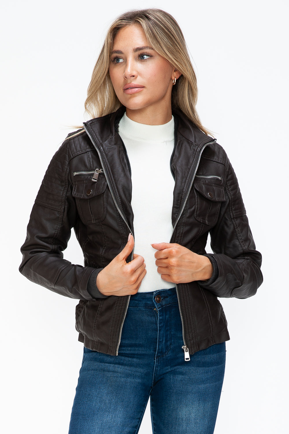 Ymi Removable Faux Layered Multi Pocket Jacket With Fuzzy Hood 3