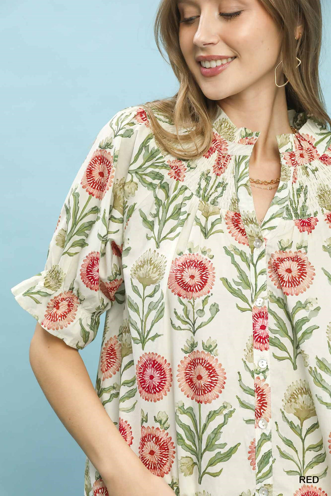 Umgee Floral Button Front Short Sleeve Top