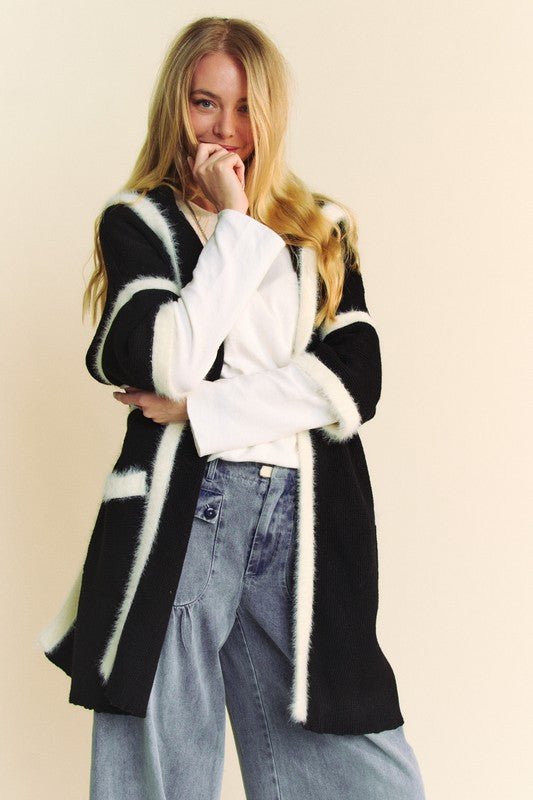 Davi Dani Fuzzy Trim Open Front Loose Fit Cardigan