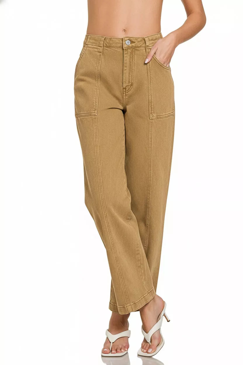 Deep Camel Zenana Straight Leg Utility Pocket Jeans 1