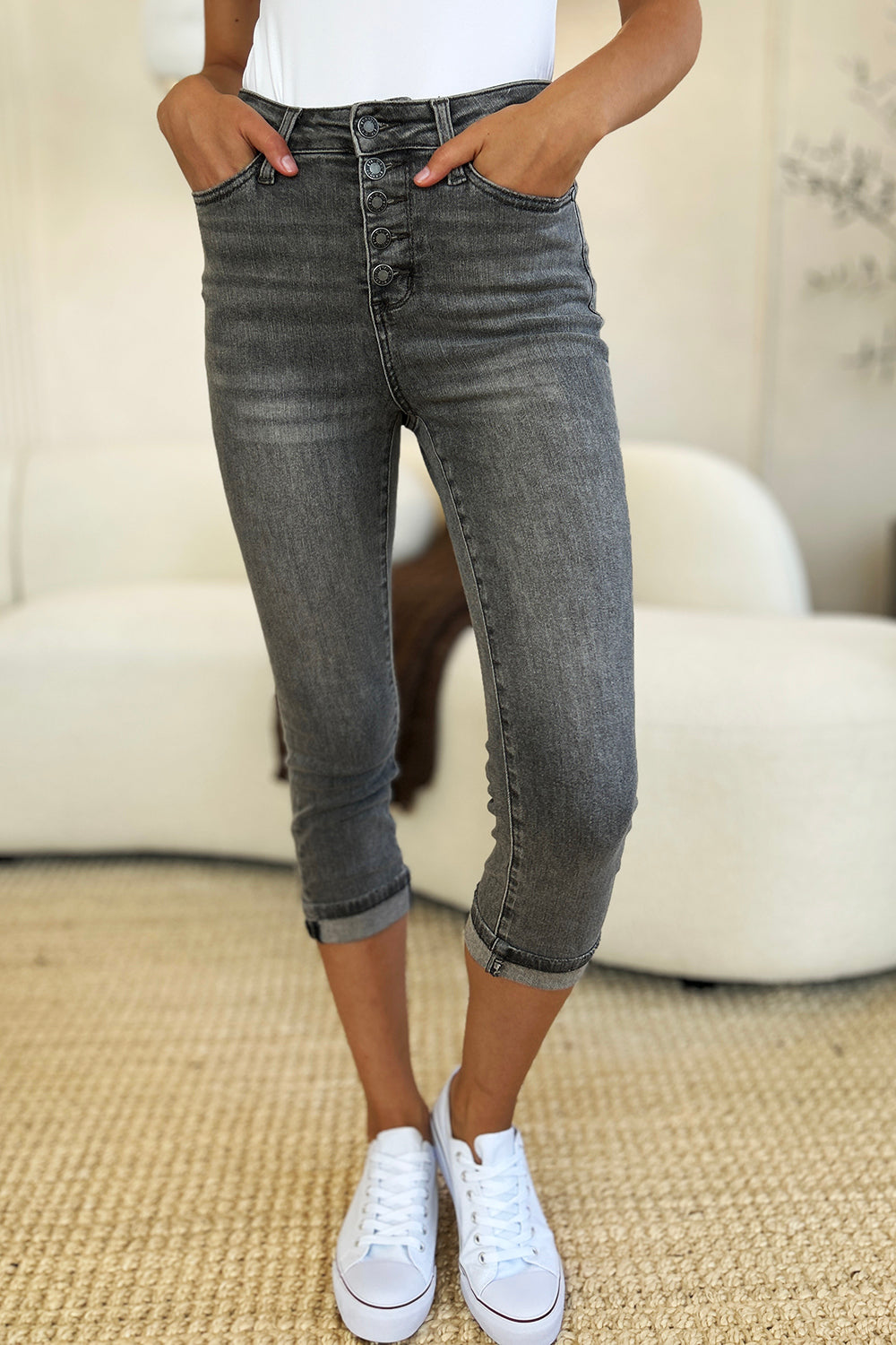 GRAY Judy Blue Full Size Button Fly High Waist Cuffed Capris