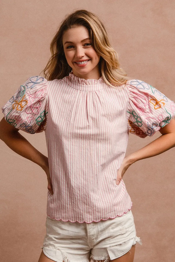 Rose Pink Bibi Embroidery Bubble Sleeve Top With Bottom Scallop Detail